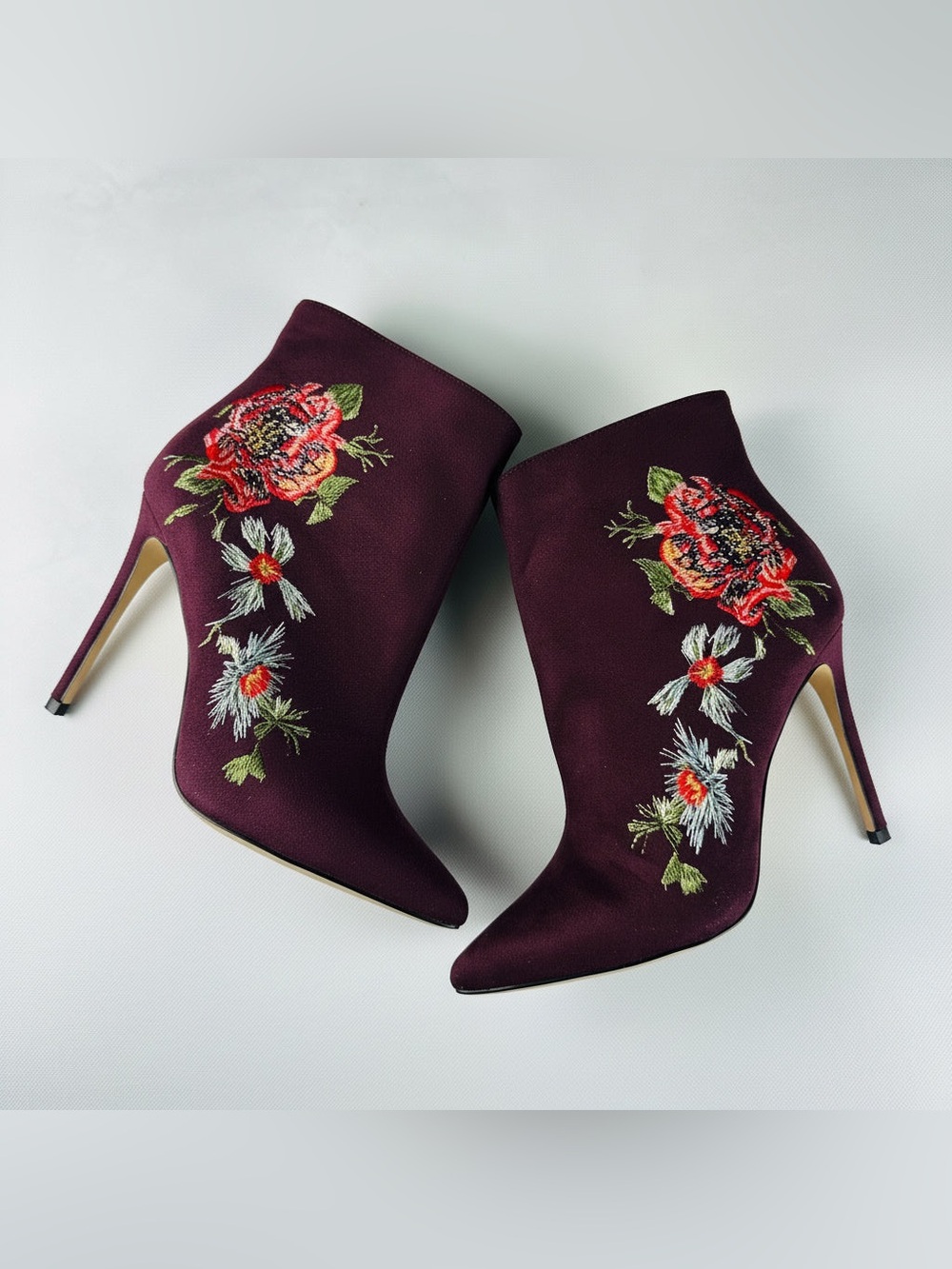 bebe Burgundy Floral Embroidered Pointed-Toe Ankle Booties - Picture 2 of 15